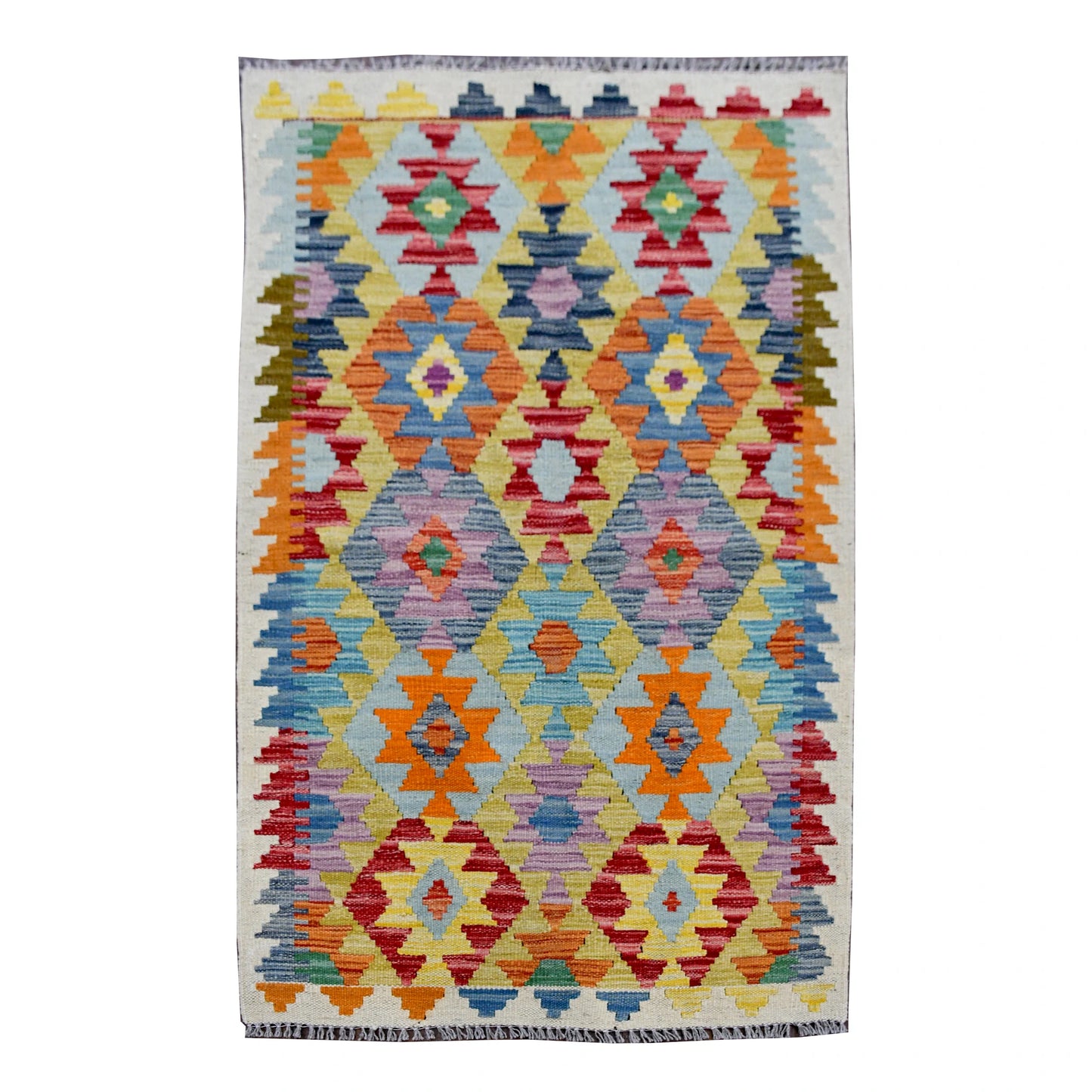 Afghan Chobi Kilim rug 130 x 78 cm full view with ivory ground and colourful geometric diamond motifs
