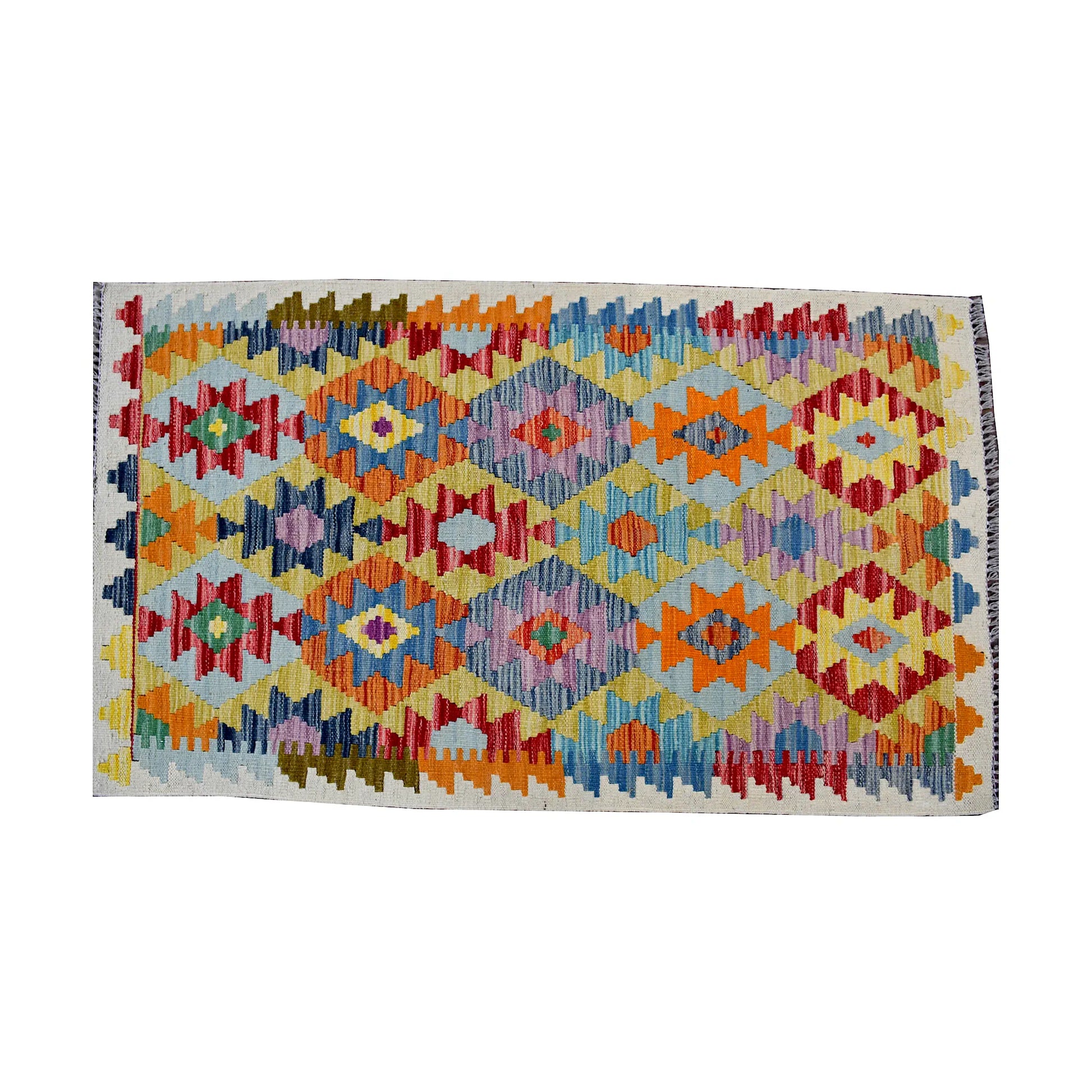 Top view of Afghan Chobi Kilim rug with ivory ground, colourful border and repeated diamond motifs