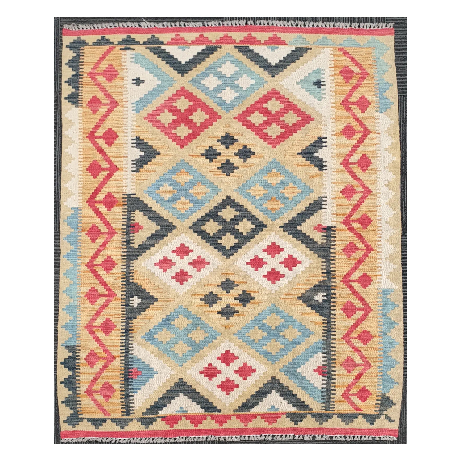 Full view of Afghan Chobi Kilim rug with ivory field and tribal diamond grid, 144 x 100 cm