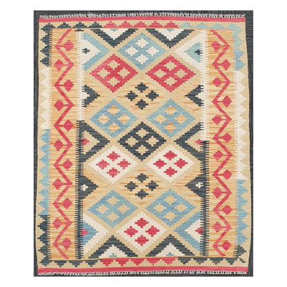 Full view of Afghan Chobi Kilim rug with ivory field and tribal diamond grid, 144 x 100 cm