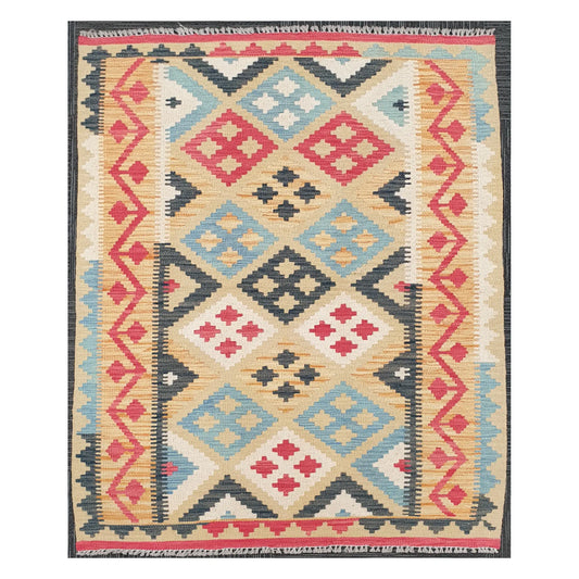 Full view of Afghan Chobi Kilim rug with ivory field and tribal diamond grid, 144 x 100 cm