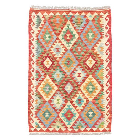 Full view of Afghan Chobi Kilim rug 145 x 101 cm with orange geometric diamond pattern