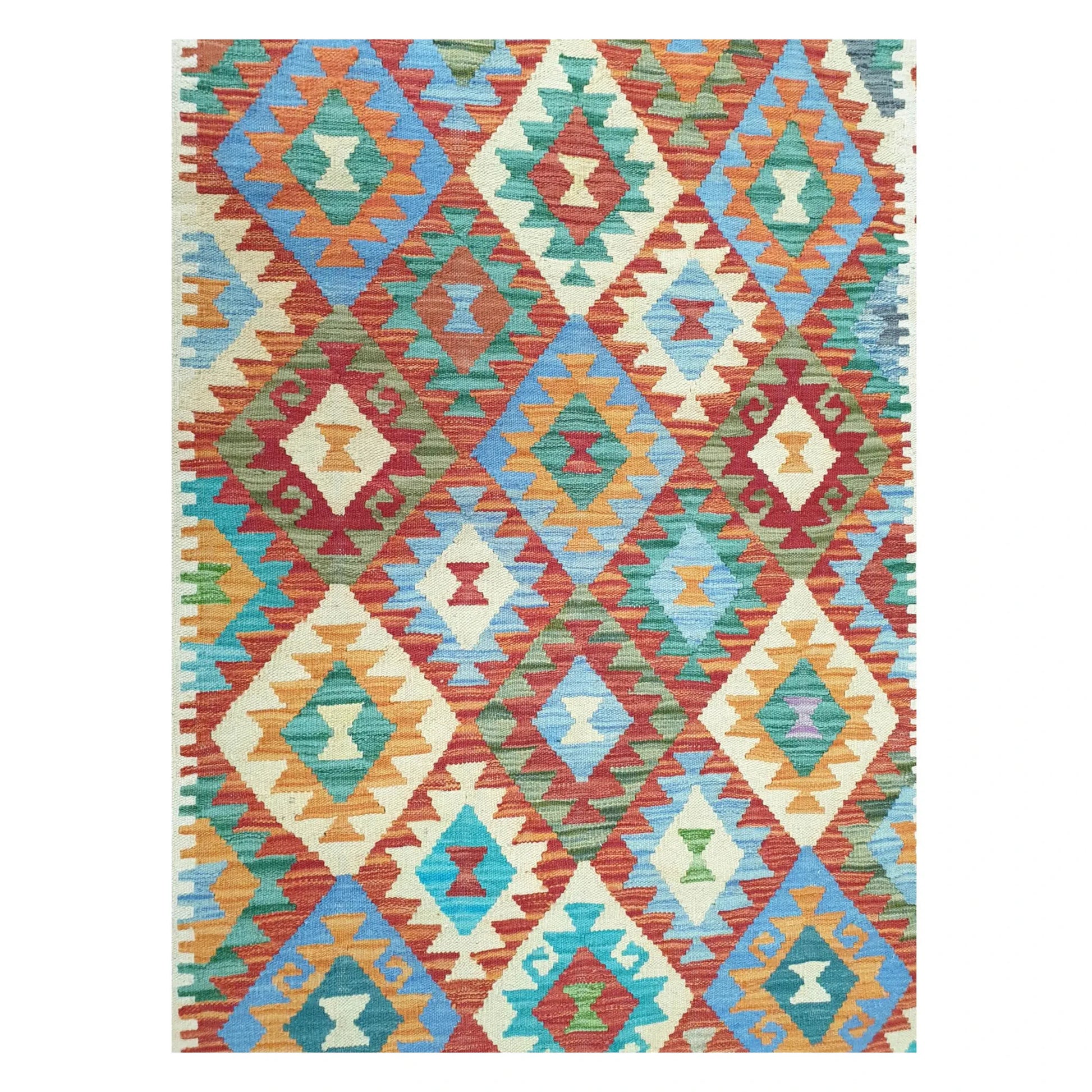 Pattern detail of Afghan Chobi Kilim rug showing orange, teal and ivory motifs