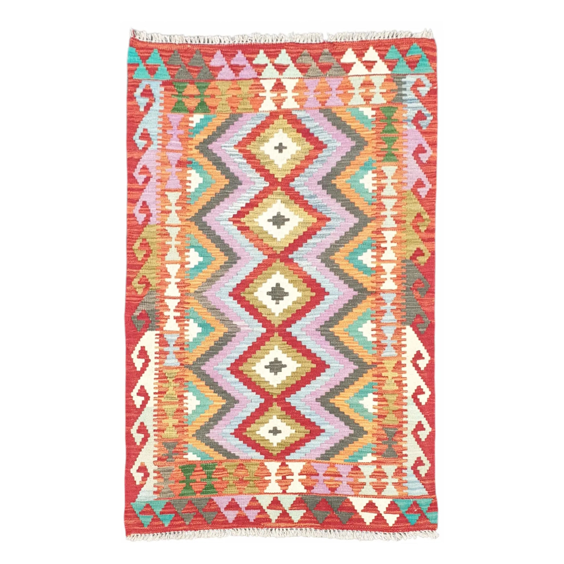 Full view of Afghan Chobi Kilim rug 150 x 100 cm with orange zigzag diamond pattern