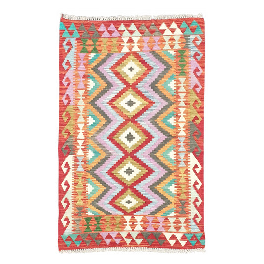 Full view of Afghan Chobi Kilim rug 150 x 100 cm with orange zigzag diamond pattern