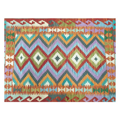 Pattern detail of Afghan Chobi Kilim rug showing orange, teal and ivory motifs
