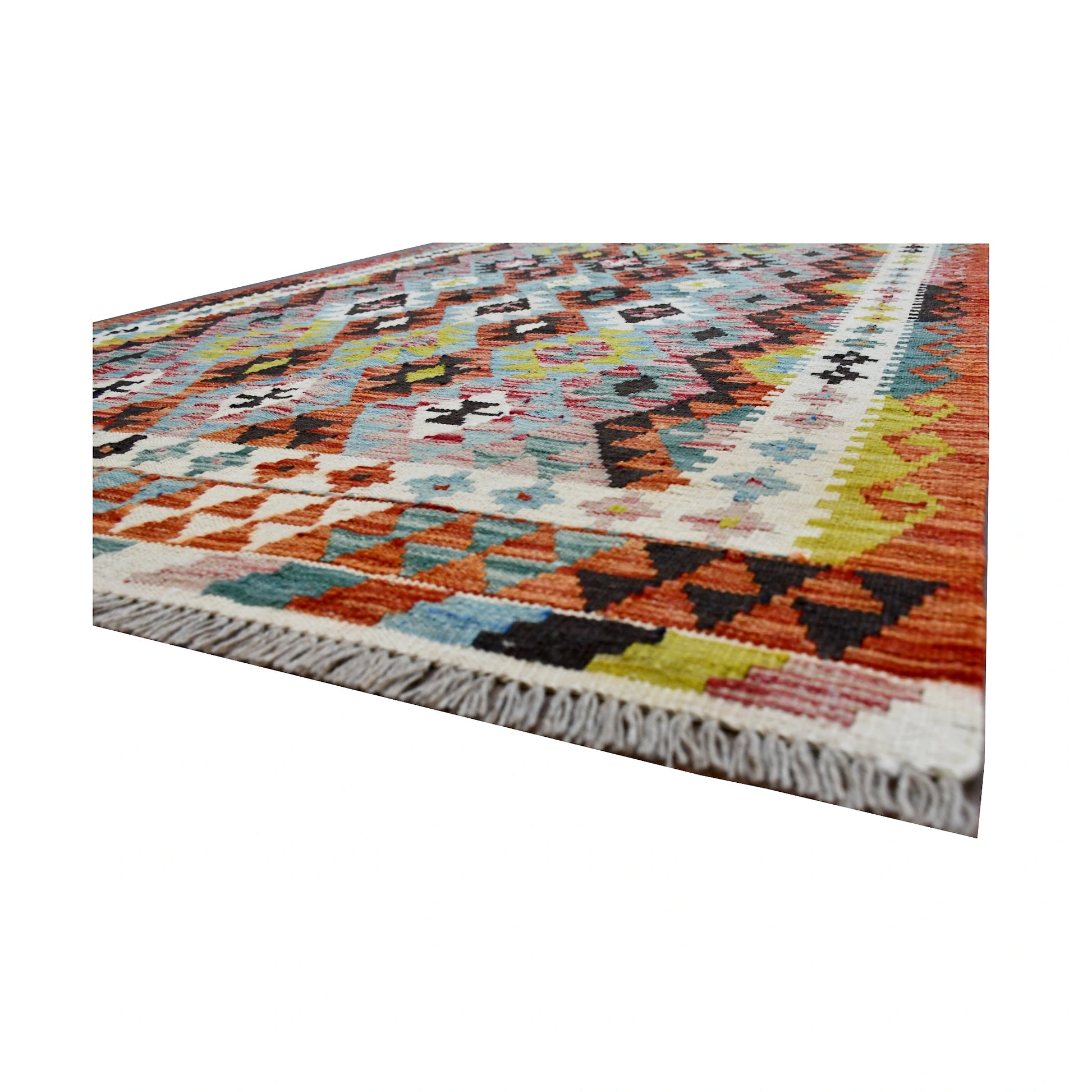 Fringe and edge detail of Afghan Chobi Kilim rug showing flatwoven wool texture and multicolour design