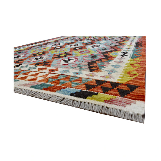 Fringe and edge detail of Afghan Chobi Kilim rug showing flatwoven wool texture and multicolour design