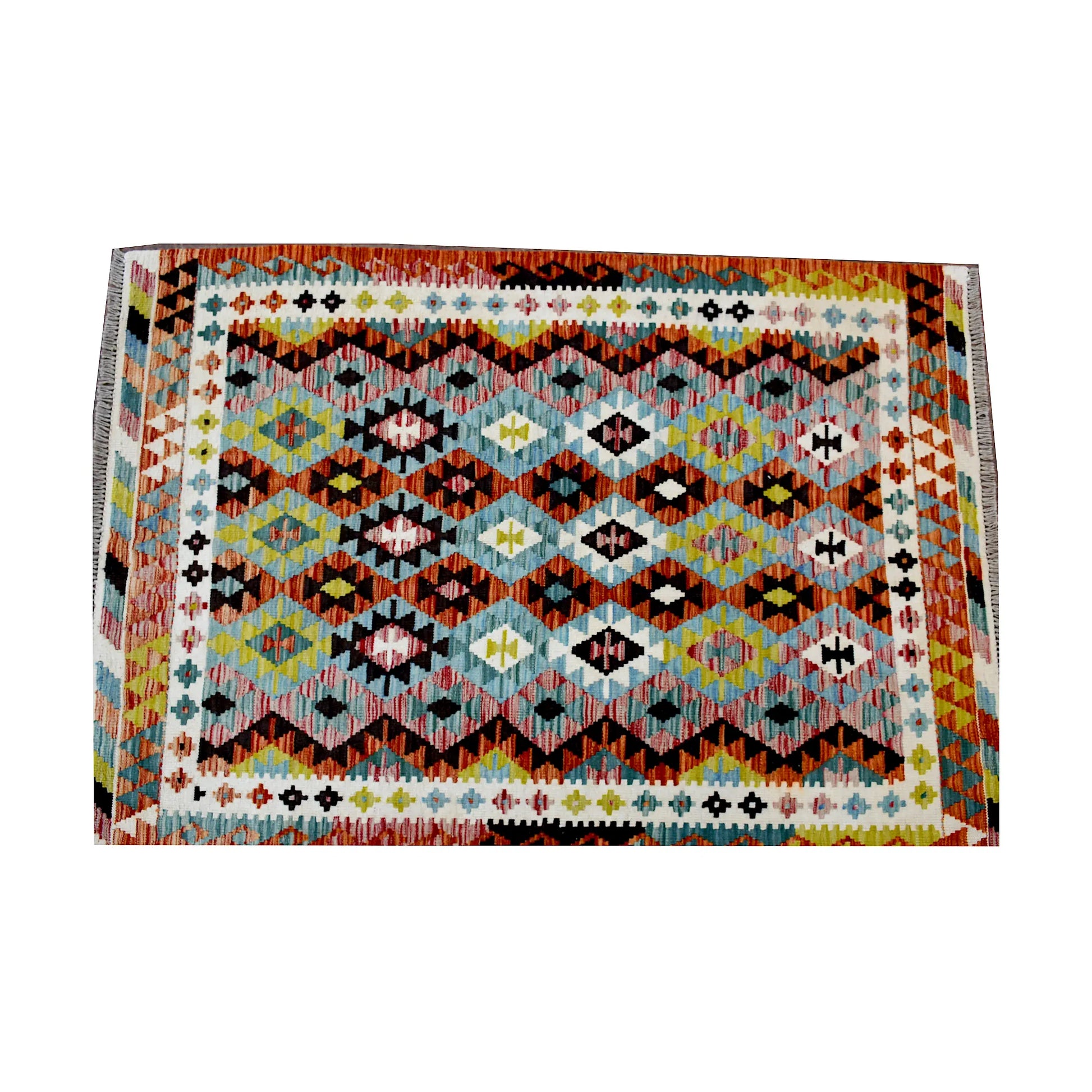 Front view of Afghan Chobi Kilim rug with repeated diamond motifs and ivory border