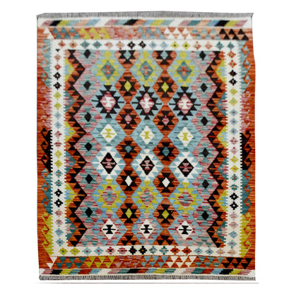 Afghan Chobi Kilim rug 175 x 120 cm full view with ivory border and colourful geometric pattern