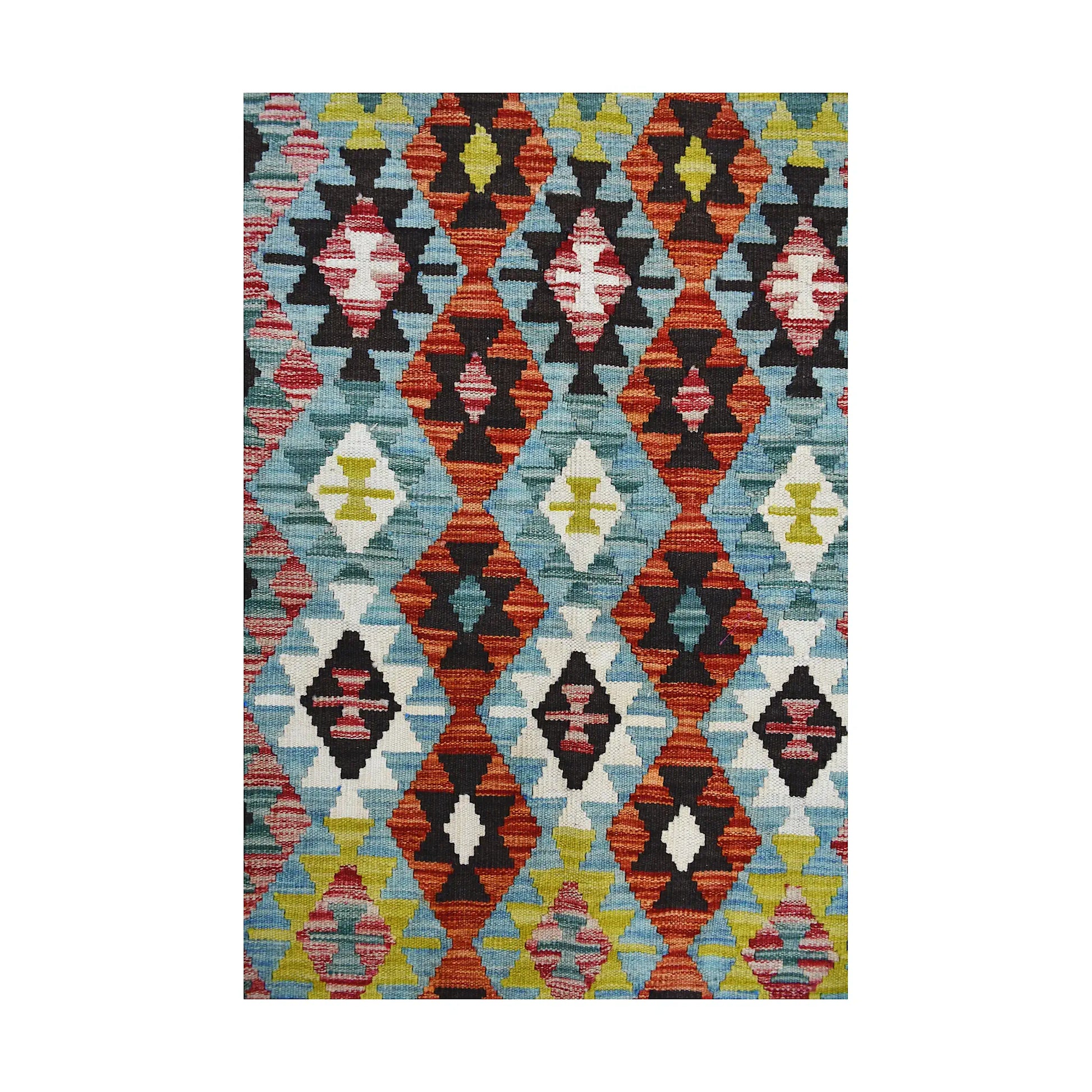 Close-up of Afghan Chobi Kilim geometric pattern with teal, rust, yellow, brown and soft red accents