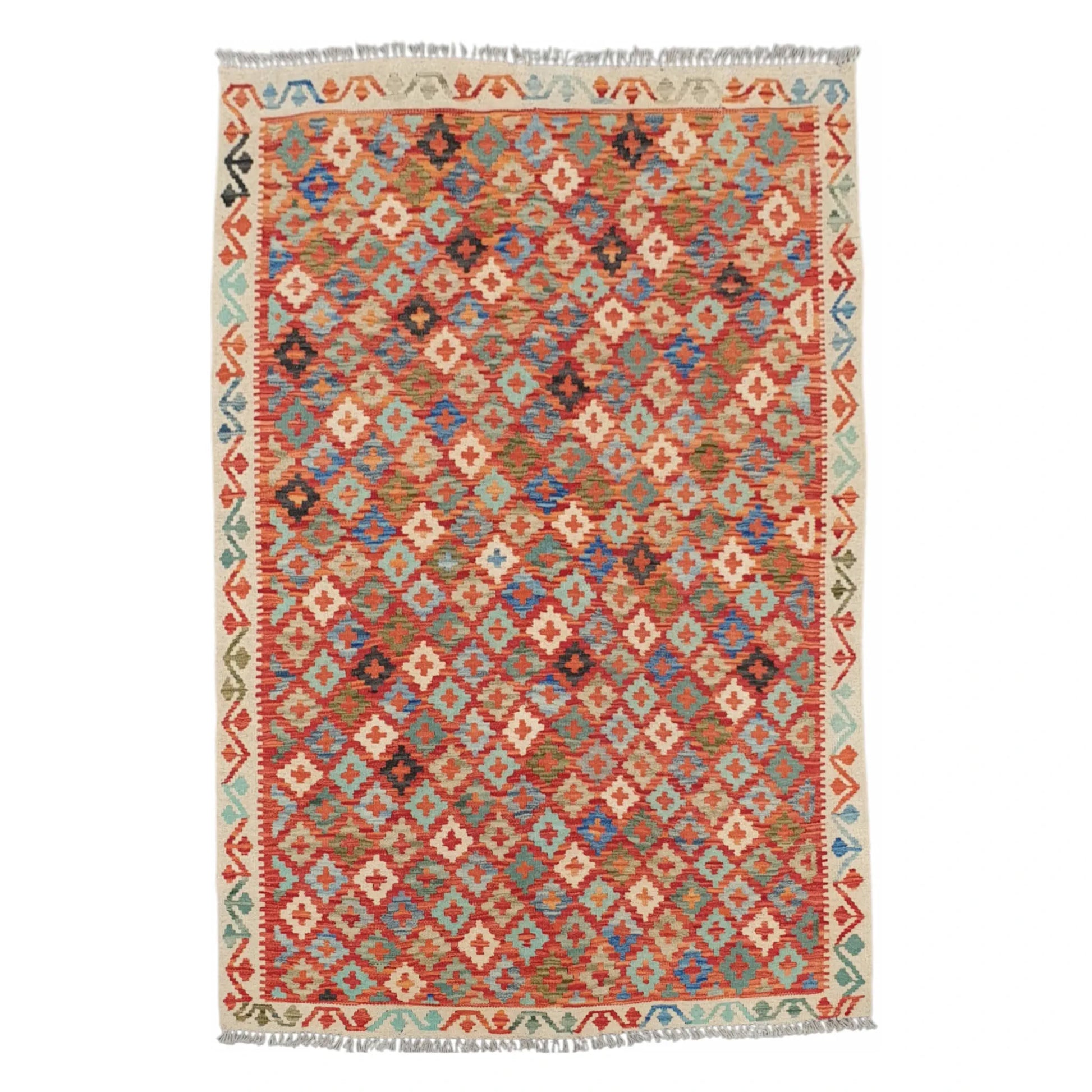 Full view of Afghan Chobi Kilim rug 177 x 129 cm with rust orange geometric diamond pattern
