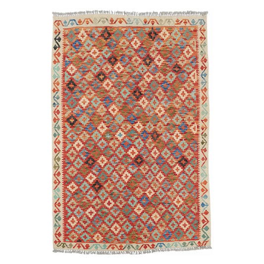Full view of Afghan Chobi Kilim rug 177 x 129 cm with rust orange geometric diamond pattern