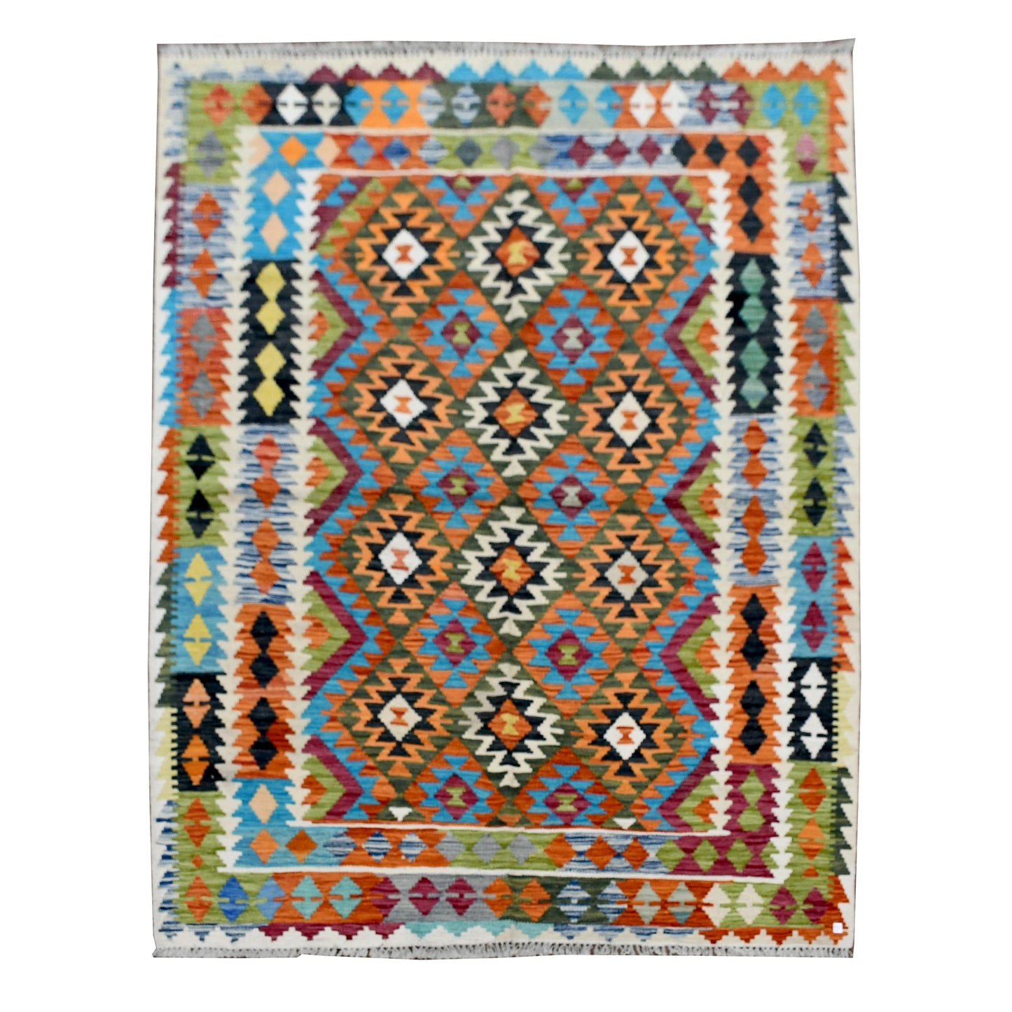 Afghan Chobi Kilim rug 187 x 160 cm full view with ivory border and multicolour geometric diamond pattern