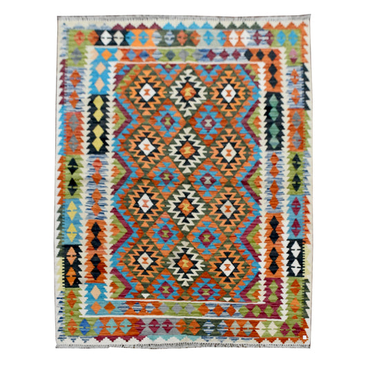 Afghan Chobi Kilim rug 187 x 160 cm full view with ivory border and multicolour geometric diamond pattern