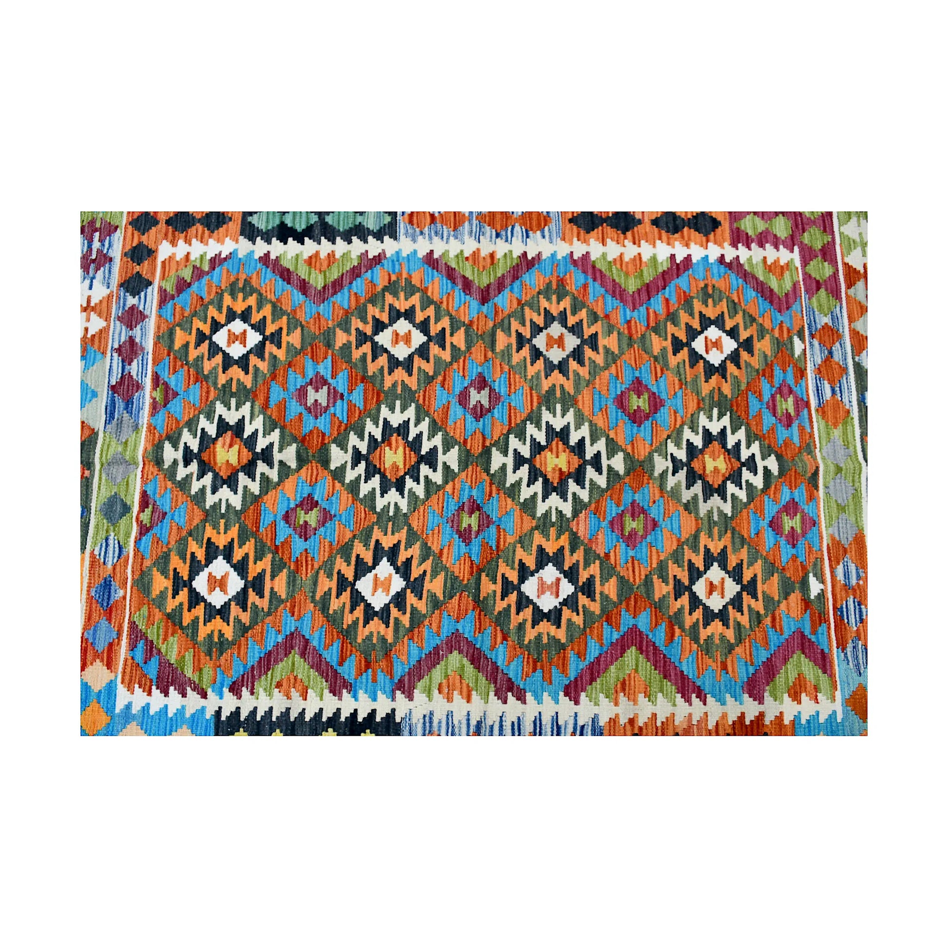 Straight pattern view of Afghan Chobi Kilim rug with repeated diamond motifs and colourful geometric border detail