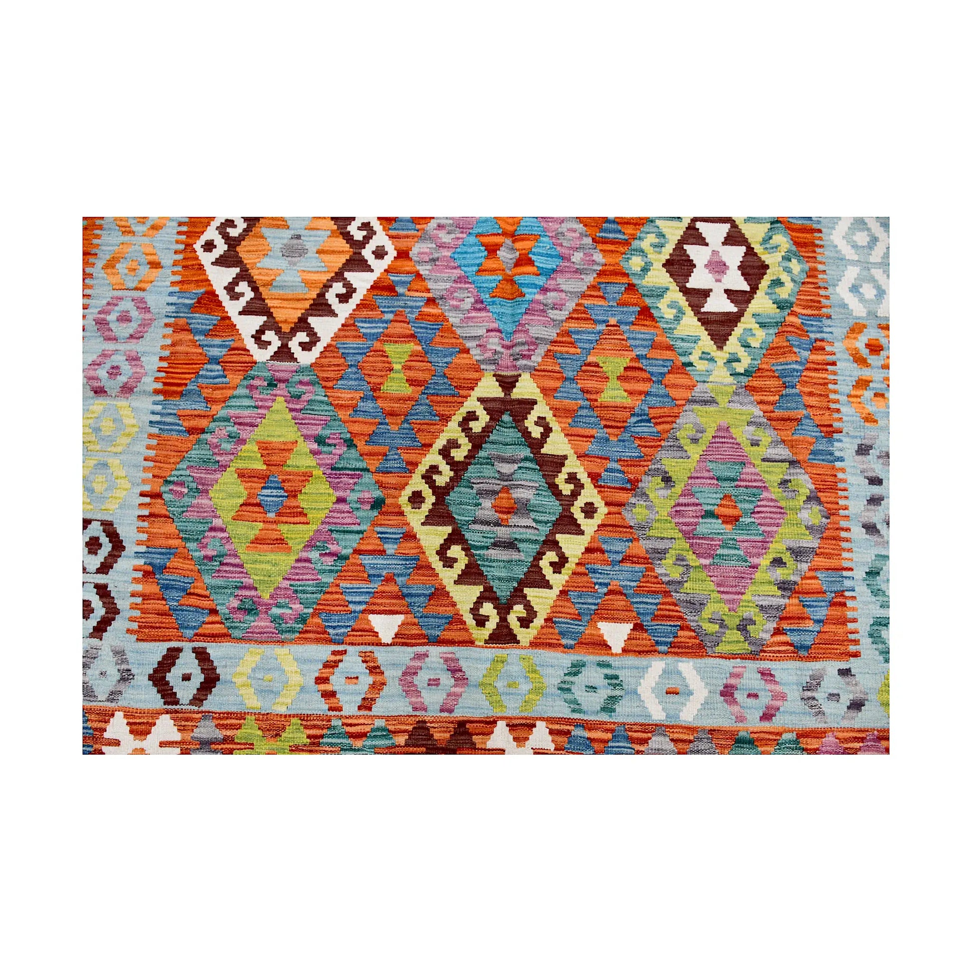 Field and border detail of Afghan Chobi Kilim rug with repeated diamond motifs and ivory accent border
