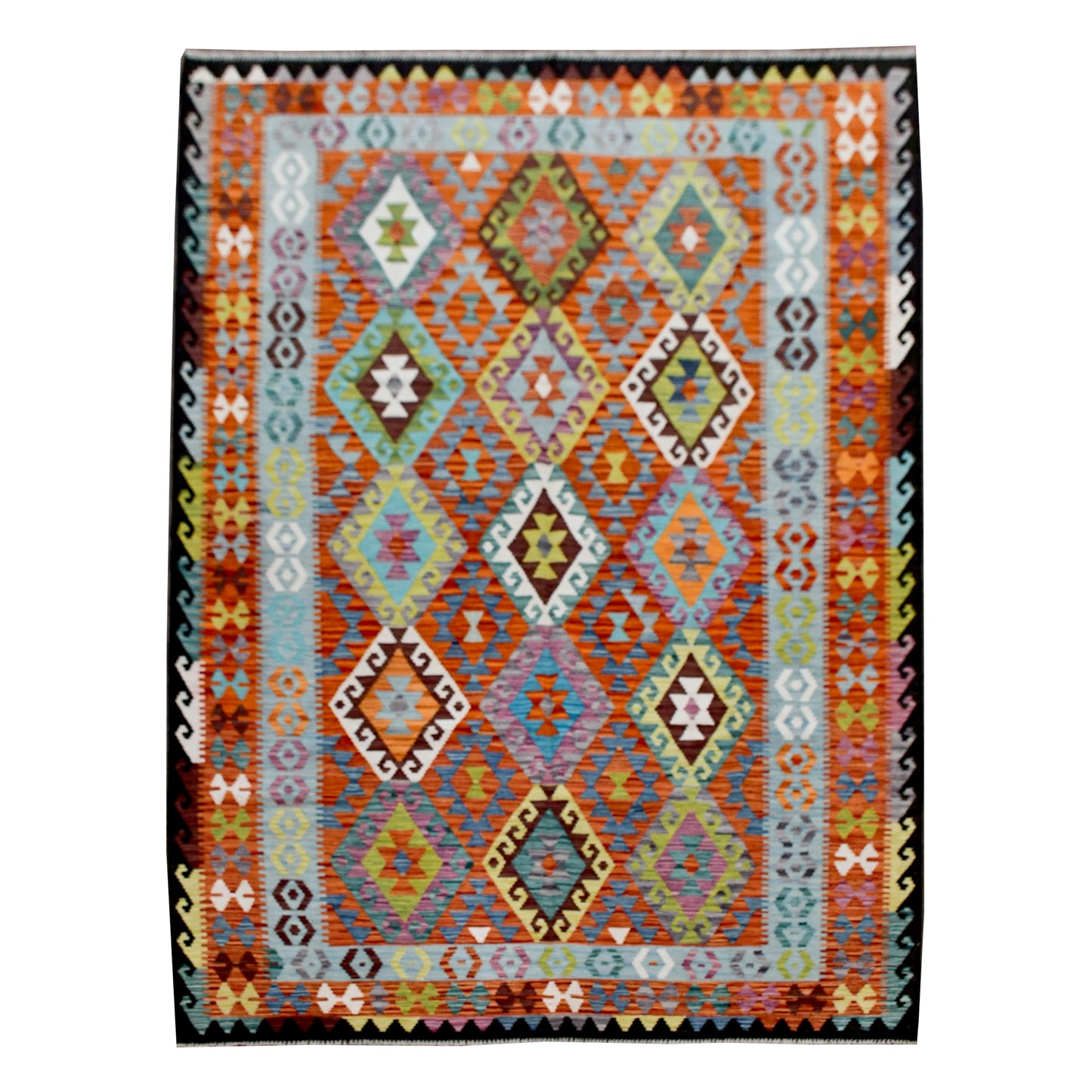 Afghan Chobi Kilim rug 296 x 205 cm full view with pale aqua, rust and multicolour geometric pattern