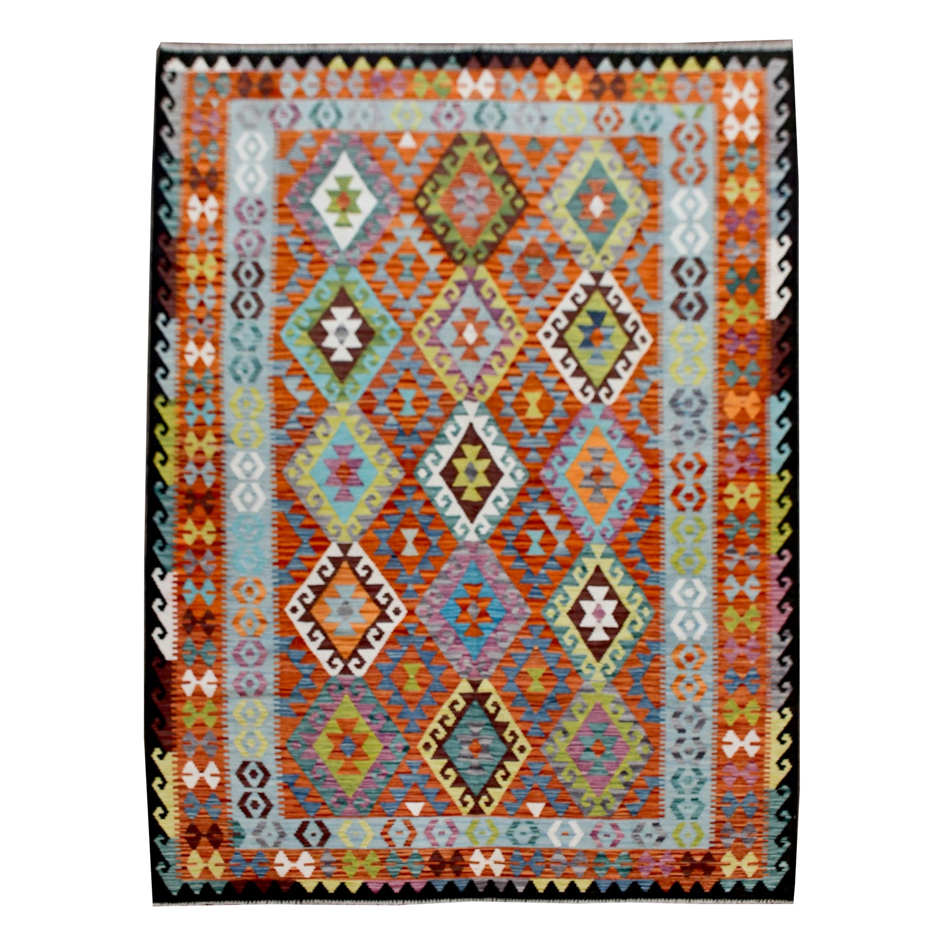 Afghan Chobi Kilim rug 296 x 205 cm full view with pale aqua, rust and multicolour geometric pattern