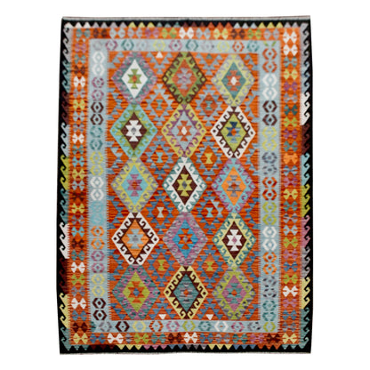 Afghan Chobi Kilim rug 296 x 205 cm full view with pale aqua, rust and multicolour geometric pattern