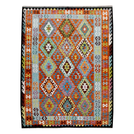 Afghan Chobi Kilim rug 296 x 205 cm full view with pale aqua, rust and multicolour geometric pattern