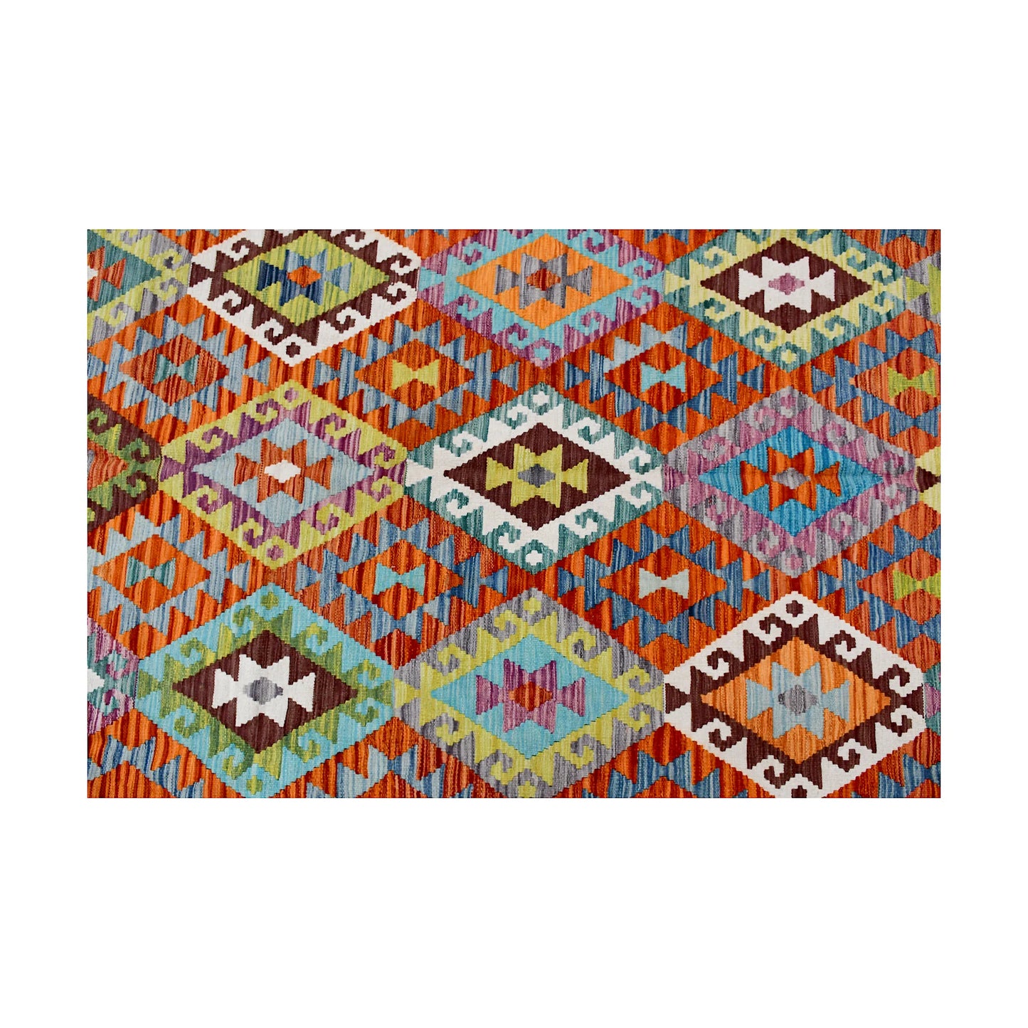 Close-up of Afghan Chobi Kilim geometric pattern with pale aqua, orange, rust and dark brown motifs
