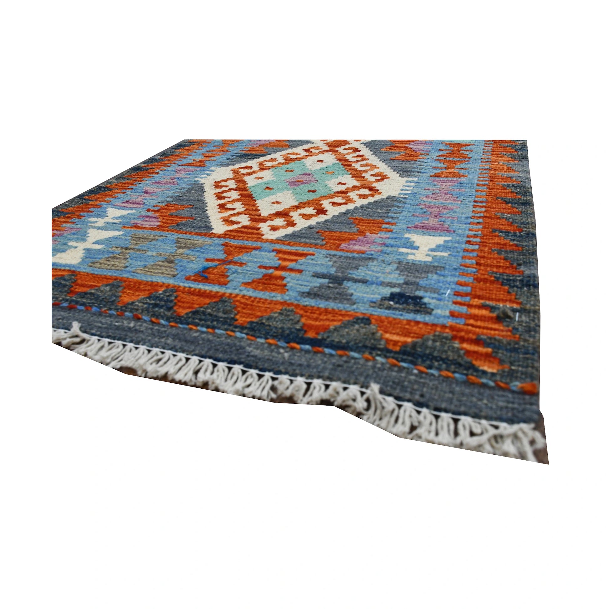 Angled fringe and edge detail of Afghan Chobi Kilim runner showing wool flatweave texture and geometric border