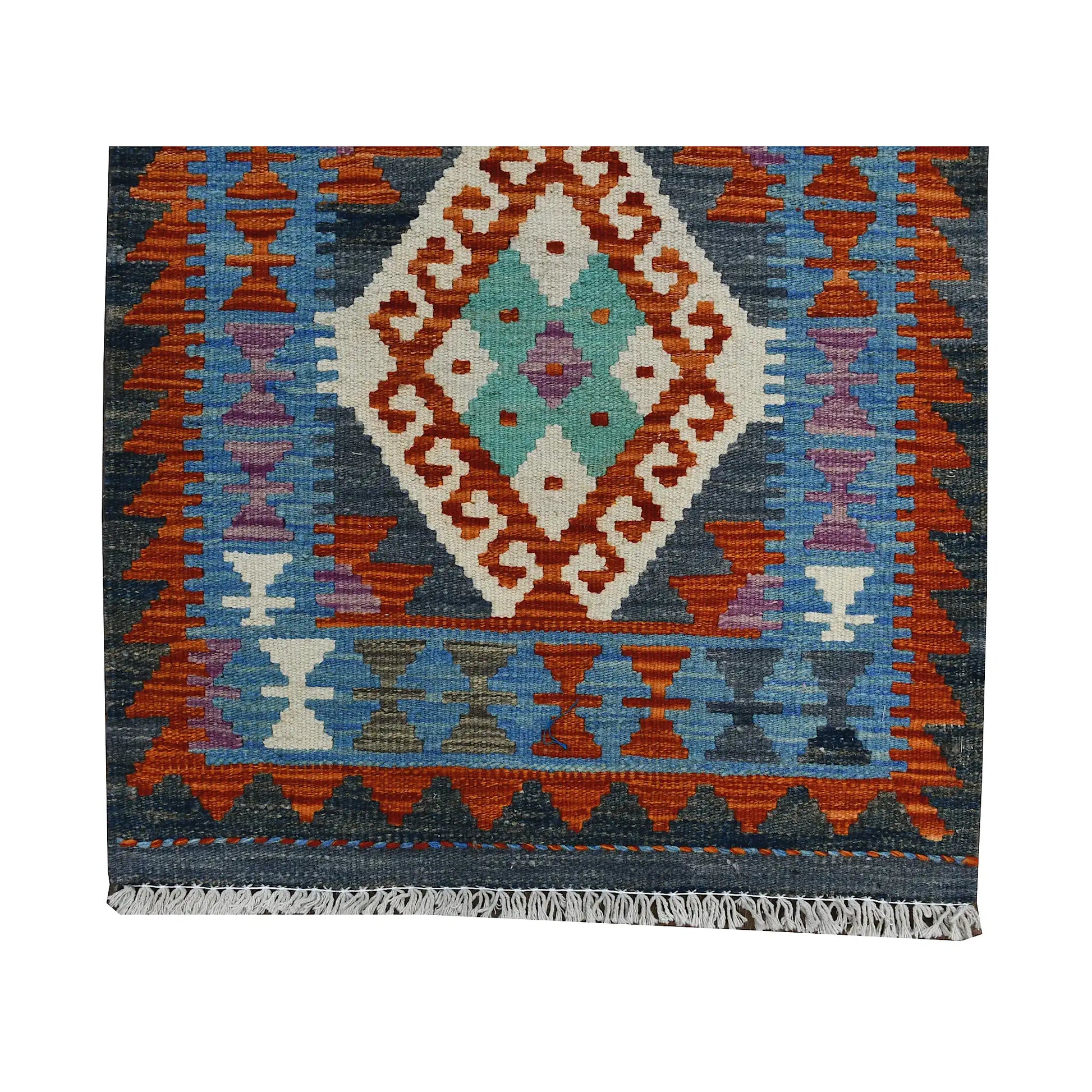 End border detail of Afghan Chobi Kilim runner with blue field, rust accents and central diamond motif