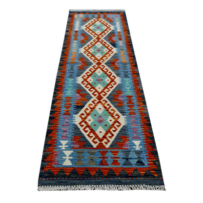 Afghan Chobi Kilim runner 188 x 60 cm full view with blue field, rust border and ivory diamond motifs