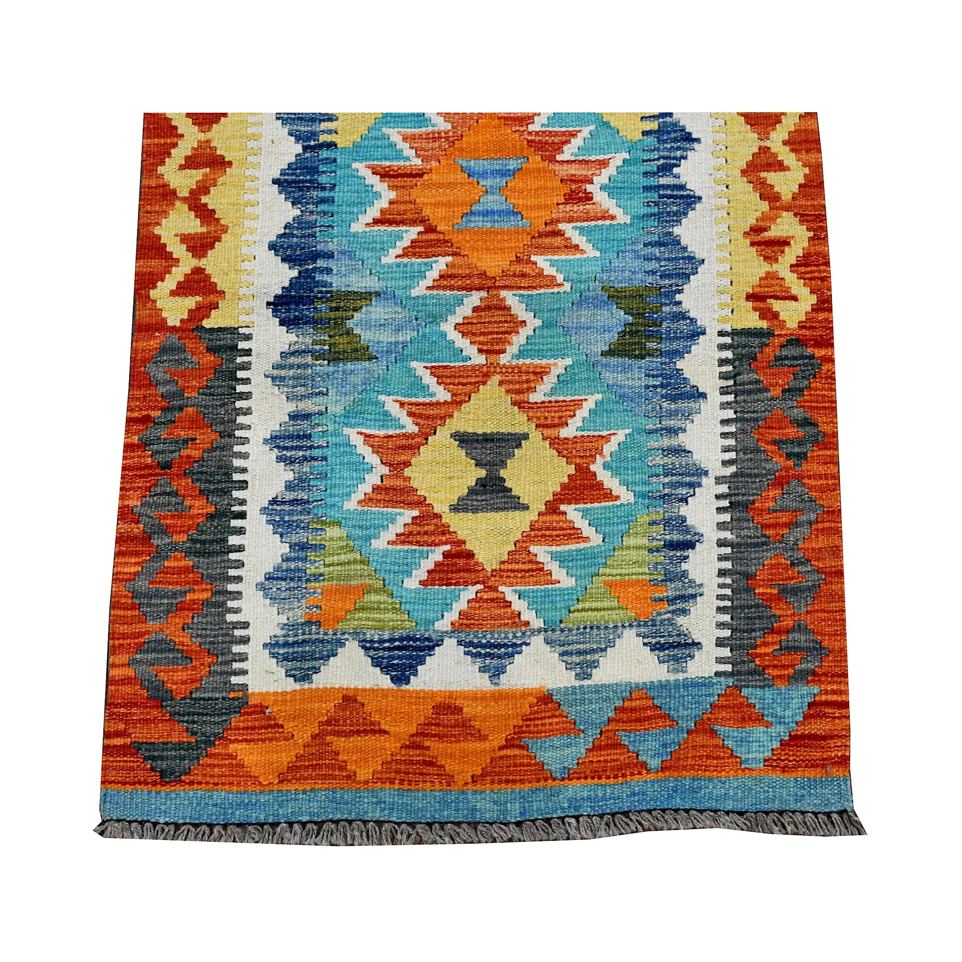 End section detail of Afghan Chobi Kilim runner with orange border and geometric medallion on turquoise-blue field