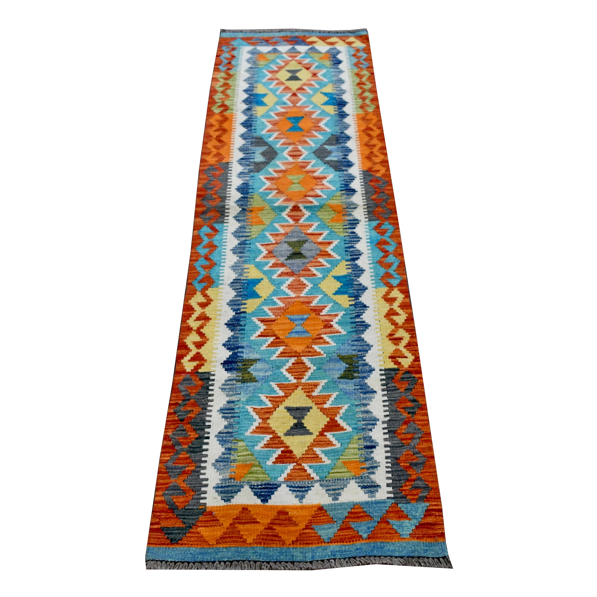 Afghan Chobi Kilim runner 208 x 67 cm full view with turquoise-blue field, orange border and geometric medallions