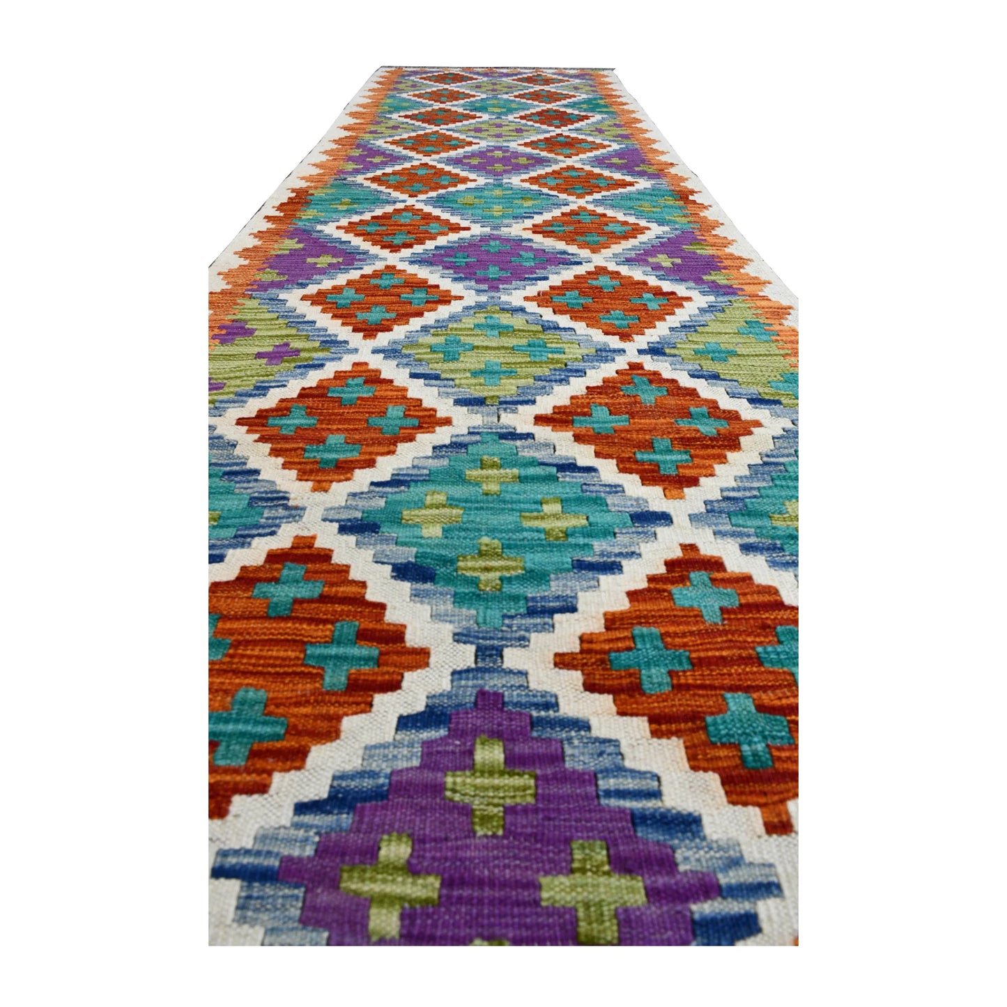 Angled field detail of Afghan Chobi Kilim runner showing its repeating stepped diamond trellis