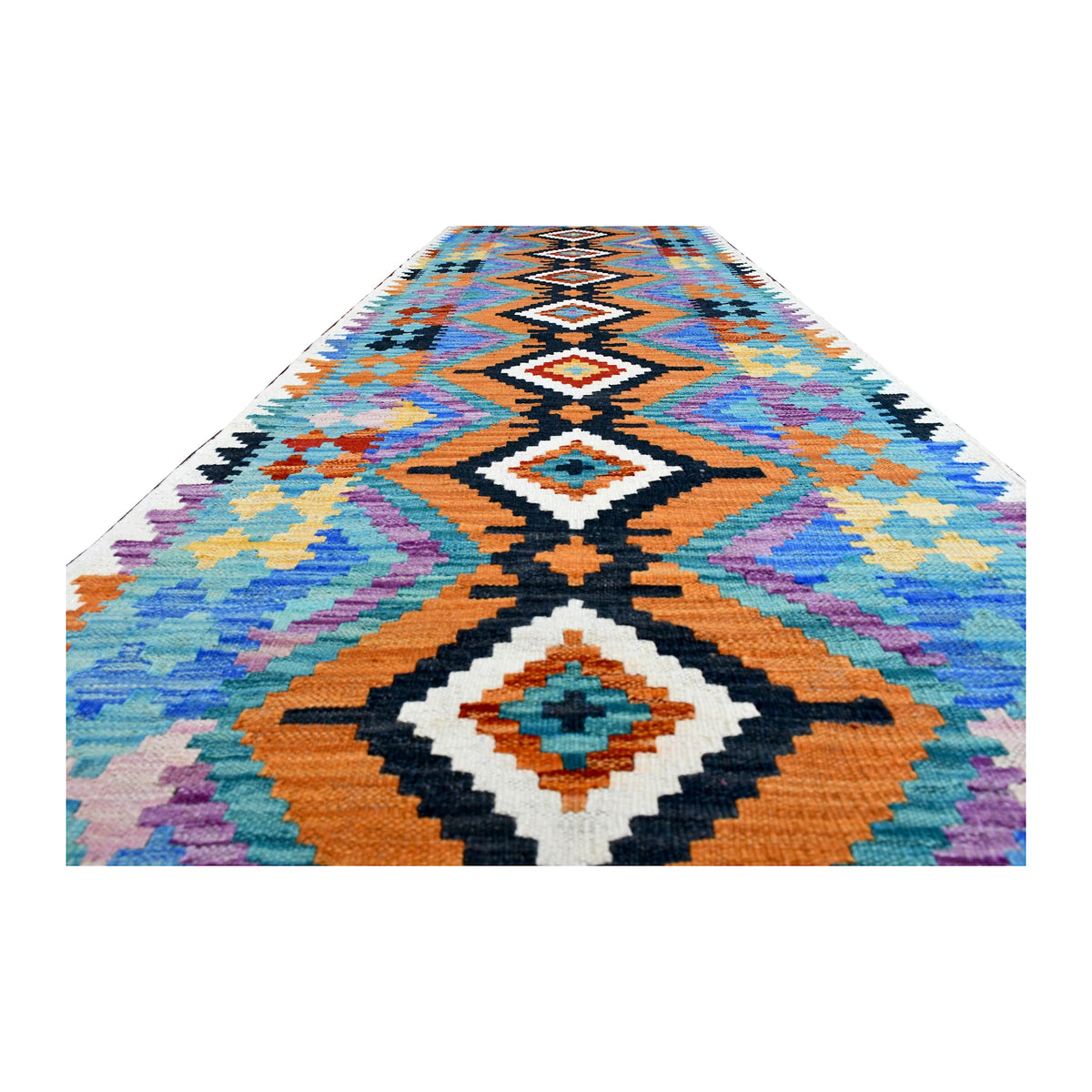 Angled end view of Afghan Chobi Kilim runner showing a large black-outlined diamond and surrounding multicolour geometry