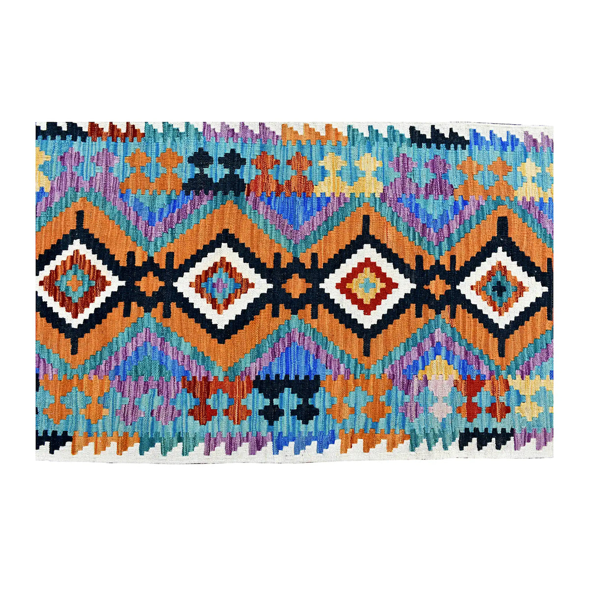 Overhead field detail of Afghan Chobi Kilim runner showing linked black diamonds amid turquoise, coral, blue and lilac motifs