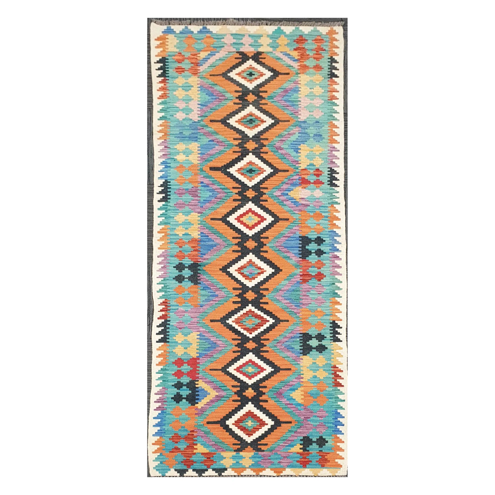 Full view of Afghan Chobi Kilim handwoven wool runner with black linked diamond design, 291 x 80 cm