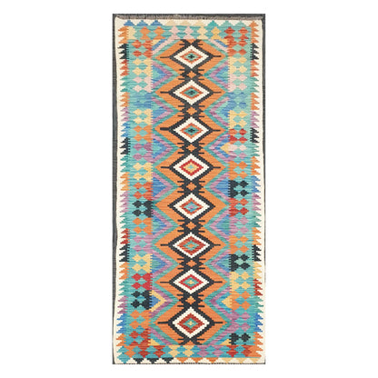 Full view of Afghan Chobi Kilim handwoven wool runner with black linked diamond design, 291 x 80 cm
