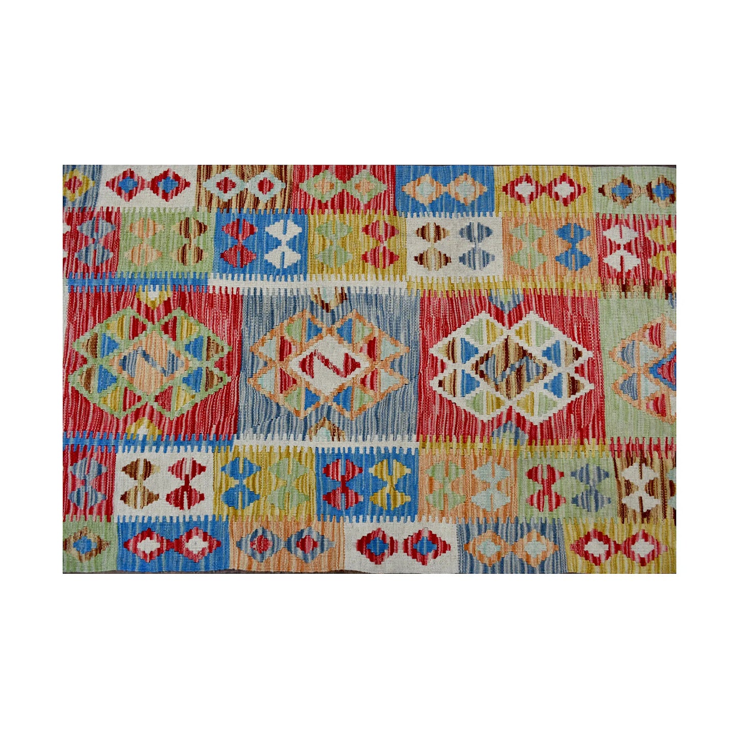 Field pattern detail of Afghan Chobi Kilim runner with cream ground, blue, coral and gold diamond panels