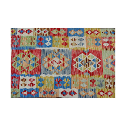 Field pattern detail of Afghan Chobi Kilim runner with cream ground, blue, coral and gold diamond panels