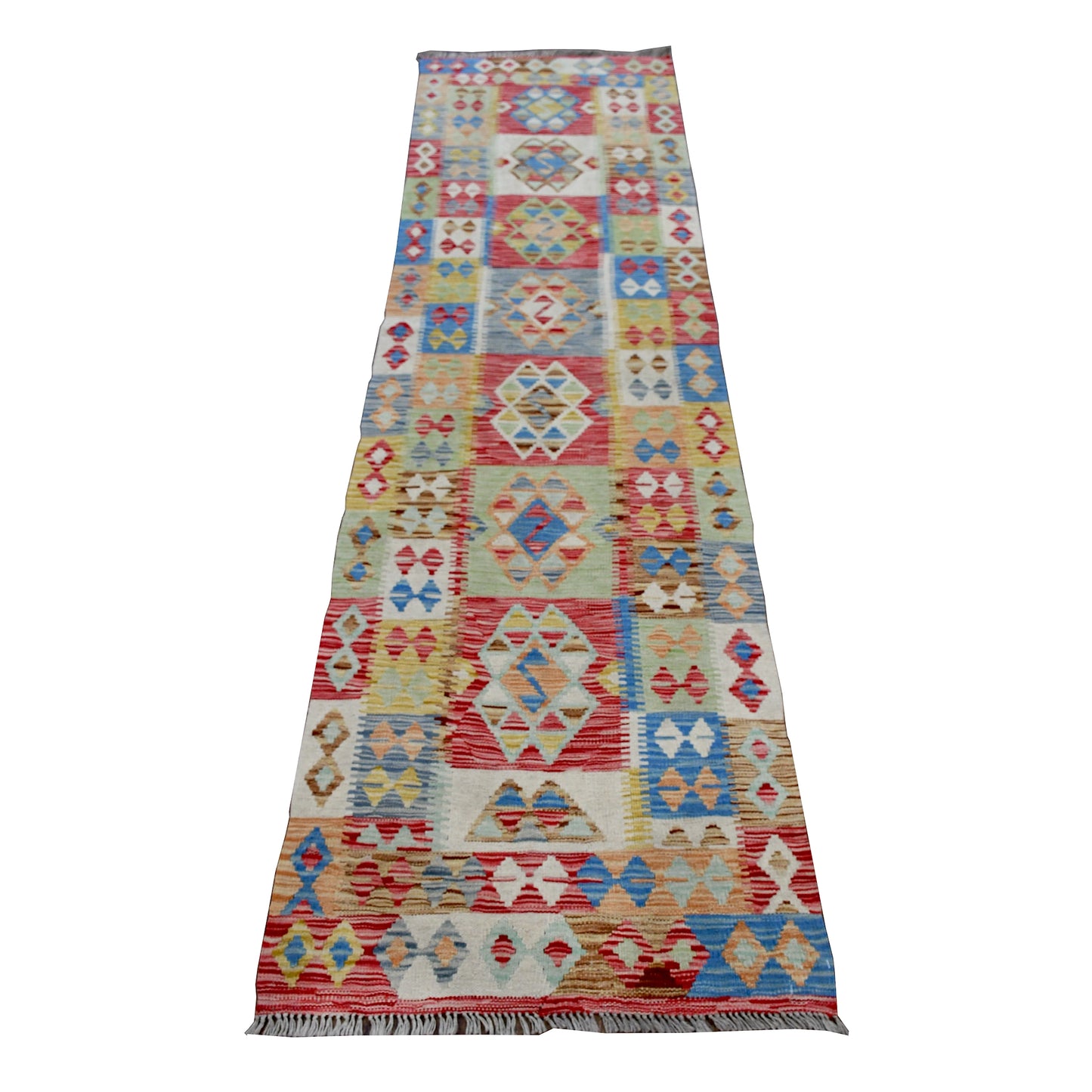 Afghan Chobi Kilim runner 296 x 82 cm full view with cream field and pastel diamond panel pattern