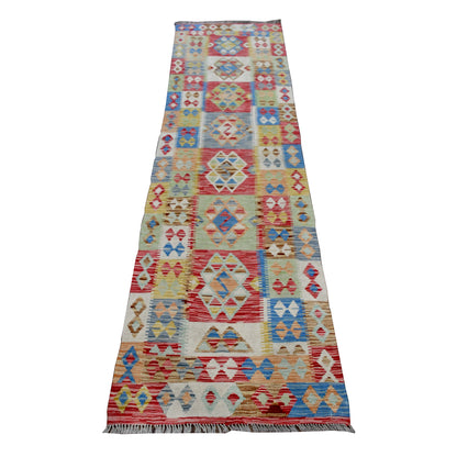 Afghan Chobi Kilim runner 296 x 82 cm full view with cream field and pastel diamond panel pattern