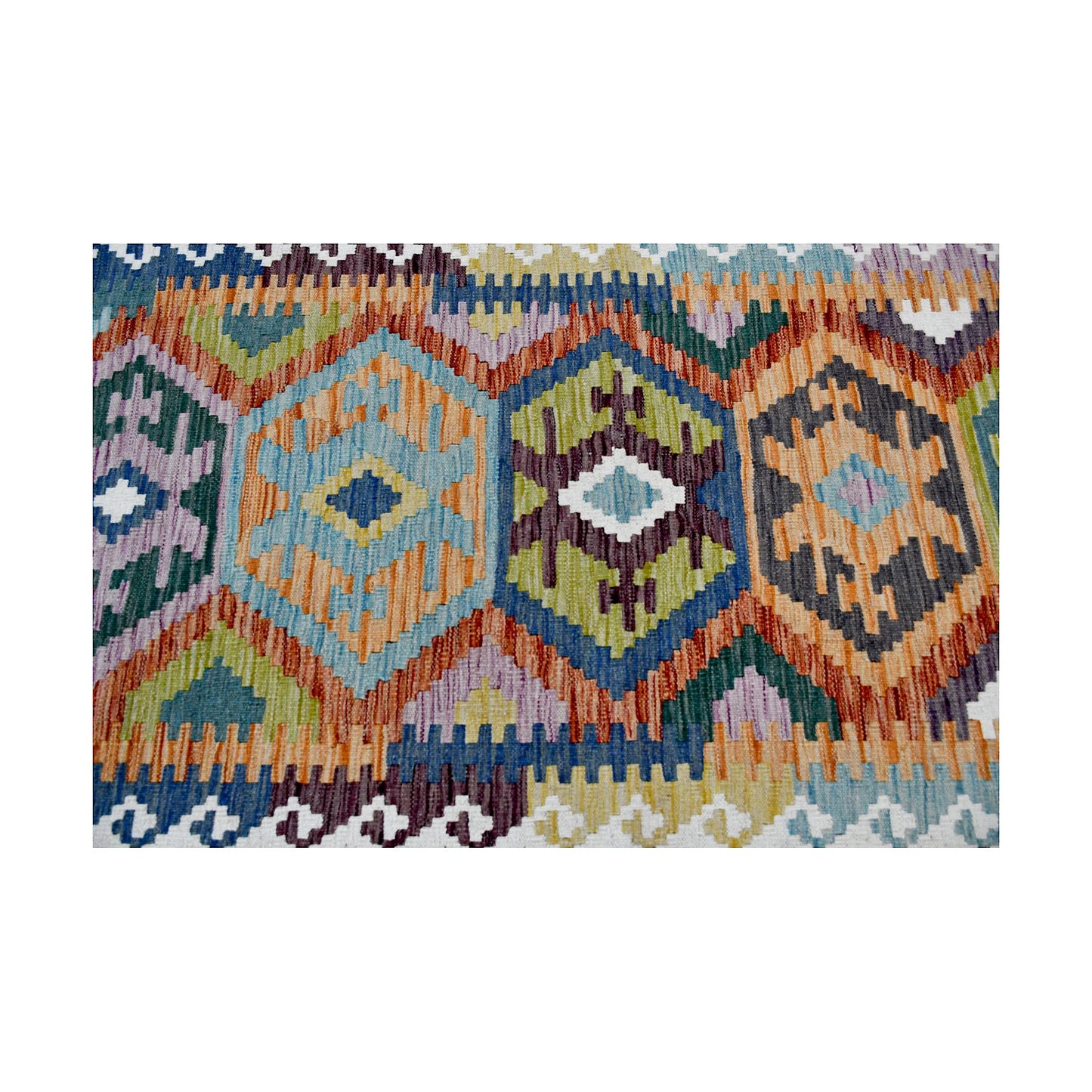 Close detail of Afghan Chobi Kilim runner with repeated diamond medallions and multicolour flatweave pattern