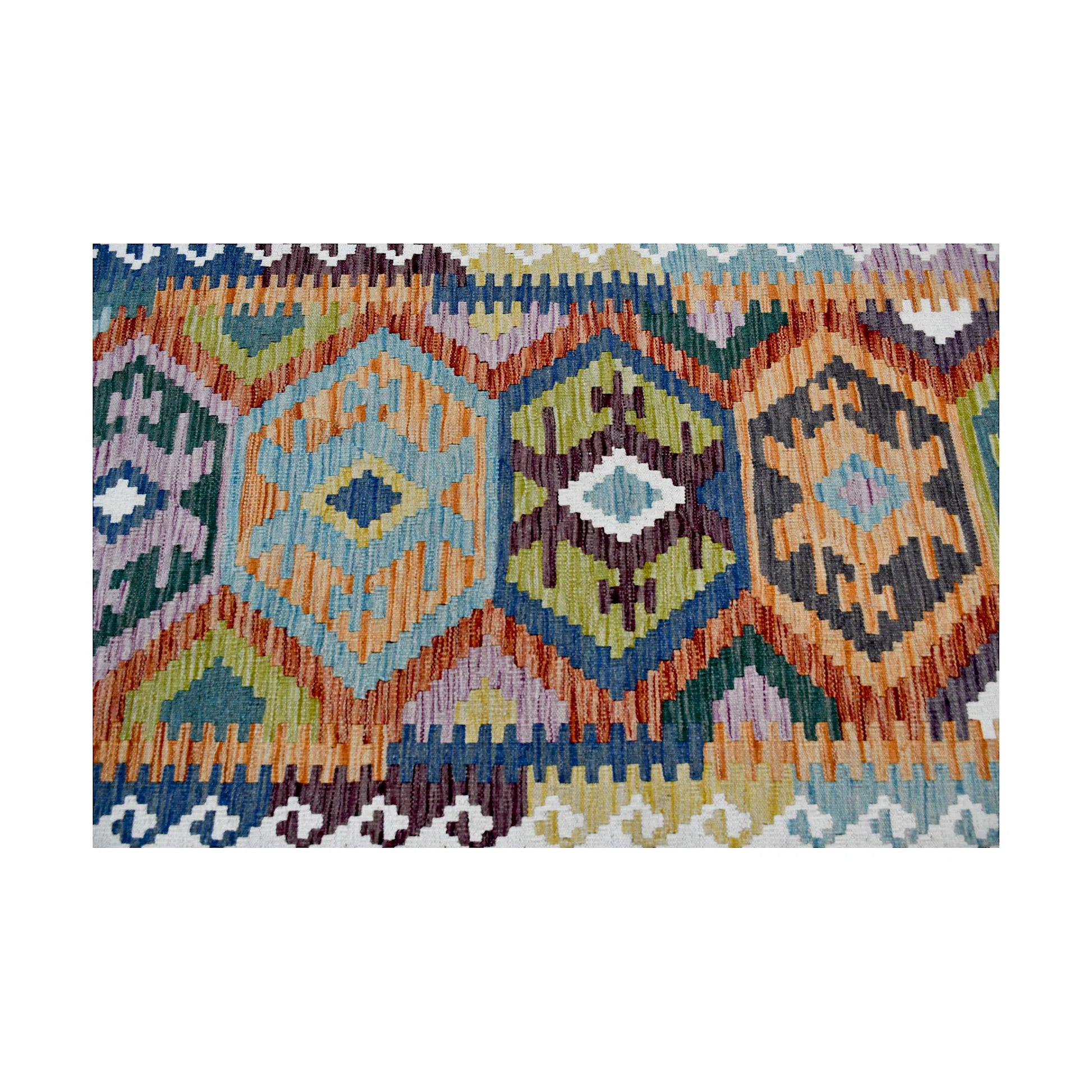 Close detail of Afghan Chobi Kilim runner with repeated diamond medallions and multicolour flatweave pattern