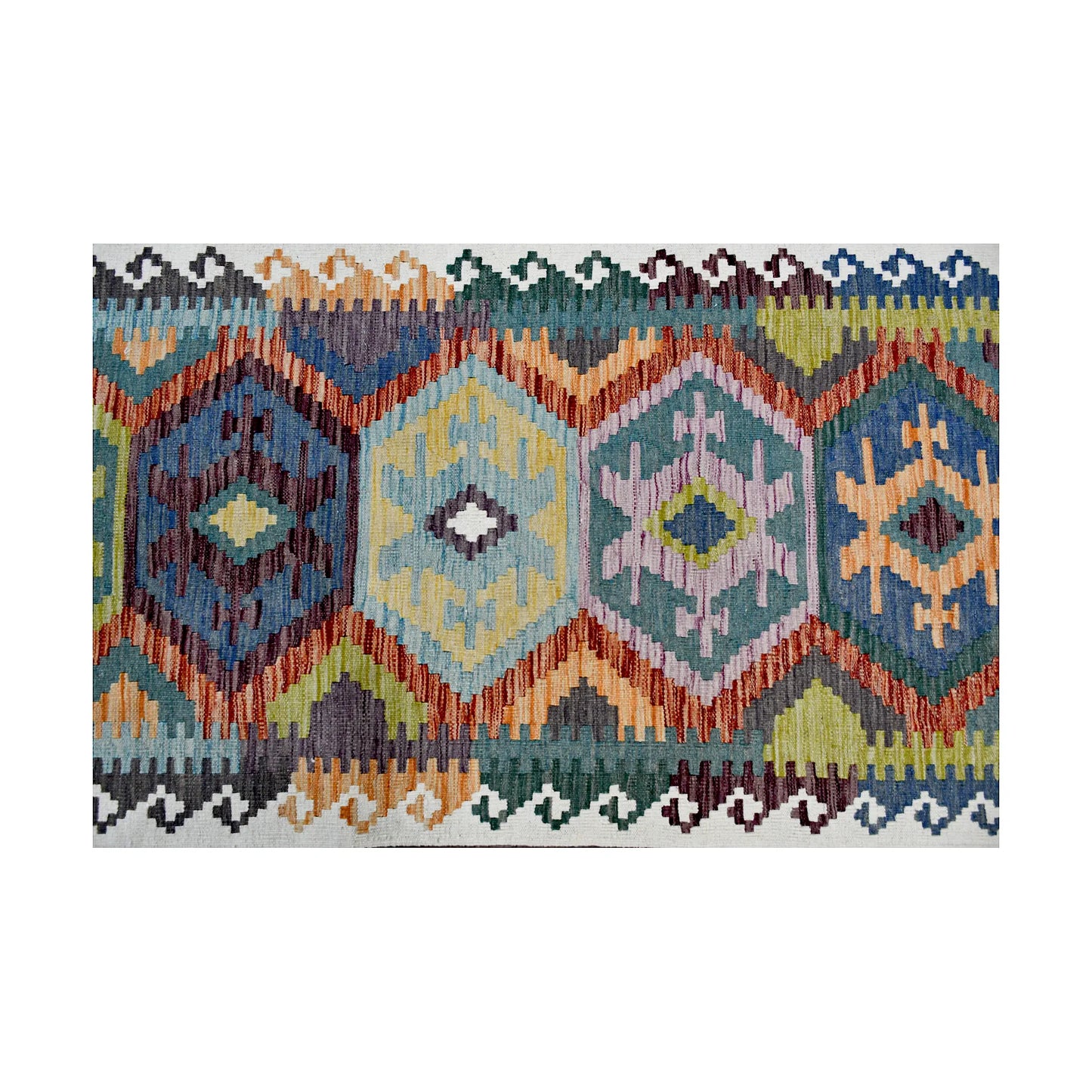 Field pattern detail of Afghan Chobi Kilim runner showing teal, olive, ochre and rust geometric diamond motifs