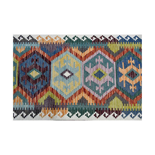 Field pattern detail of Afghan Chobi Kilim runner showing teal, olive, ochre and rust geometric diamond motifs