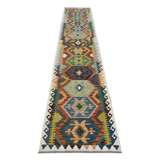 Afghan Chobi Kilim runner 384 x 80 cm full view with muted diamond chain pattern and pale border