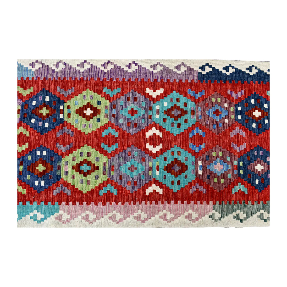 Overhead field detail of Afghan Chobi Kilim runner showing turquoise, blue, sage and ivory medallions with stepped geometric side borders