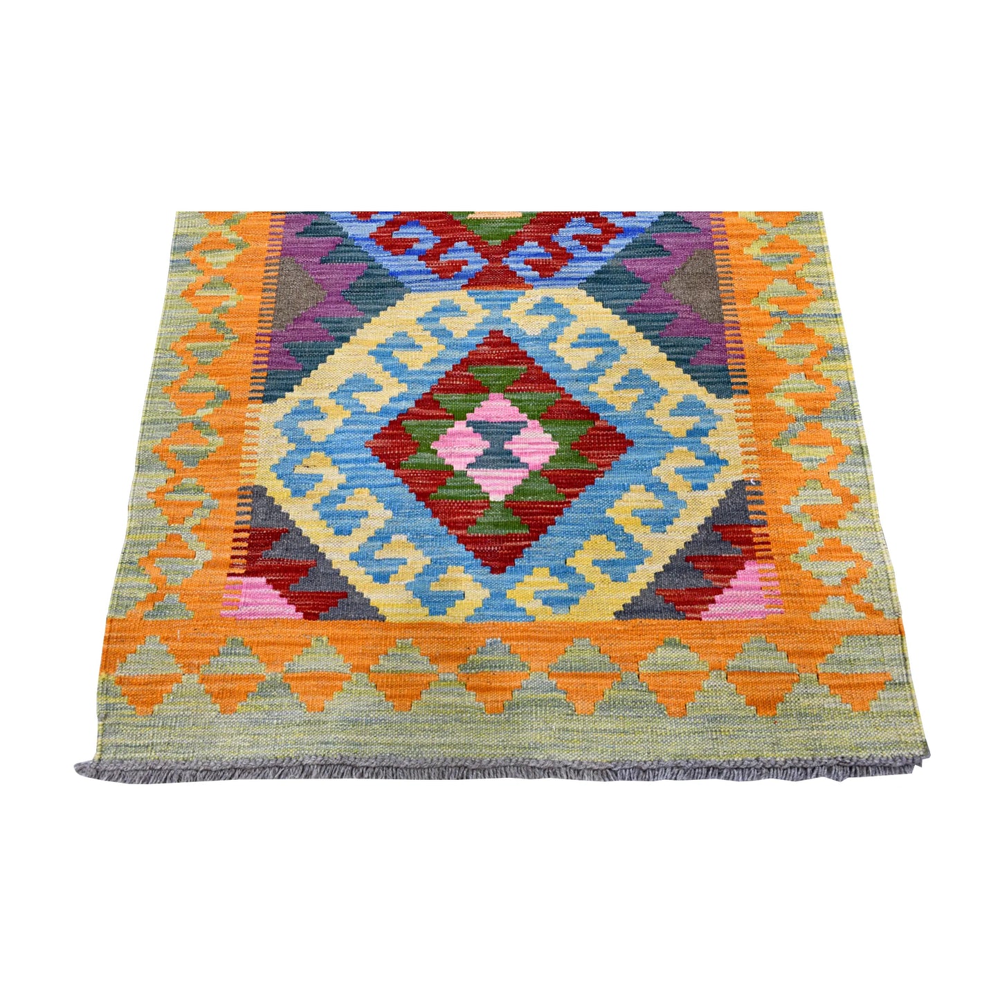 End detail of Afghan Chobi Kilim runner showing a large diamond medallion with a sky-blue stepped outline, orange-and-ochre border and grey fringe