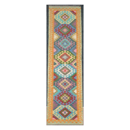 Full view of Afghan Chobi Kilim handwoven wool runner with golden border medallion design, 386 x 86 cm
