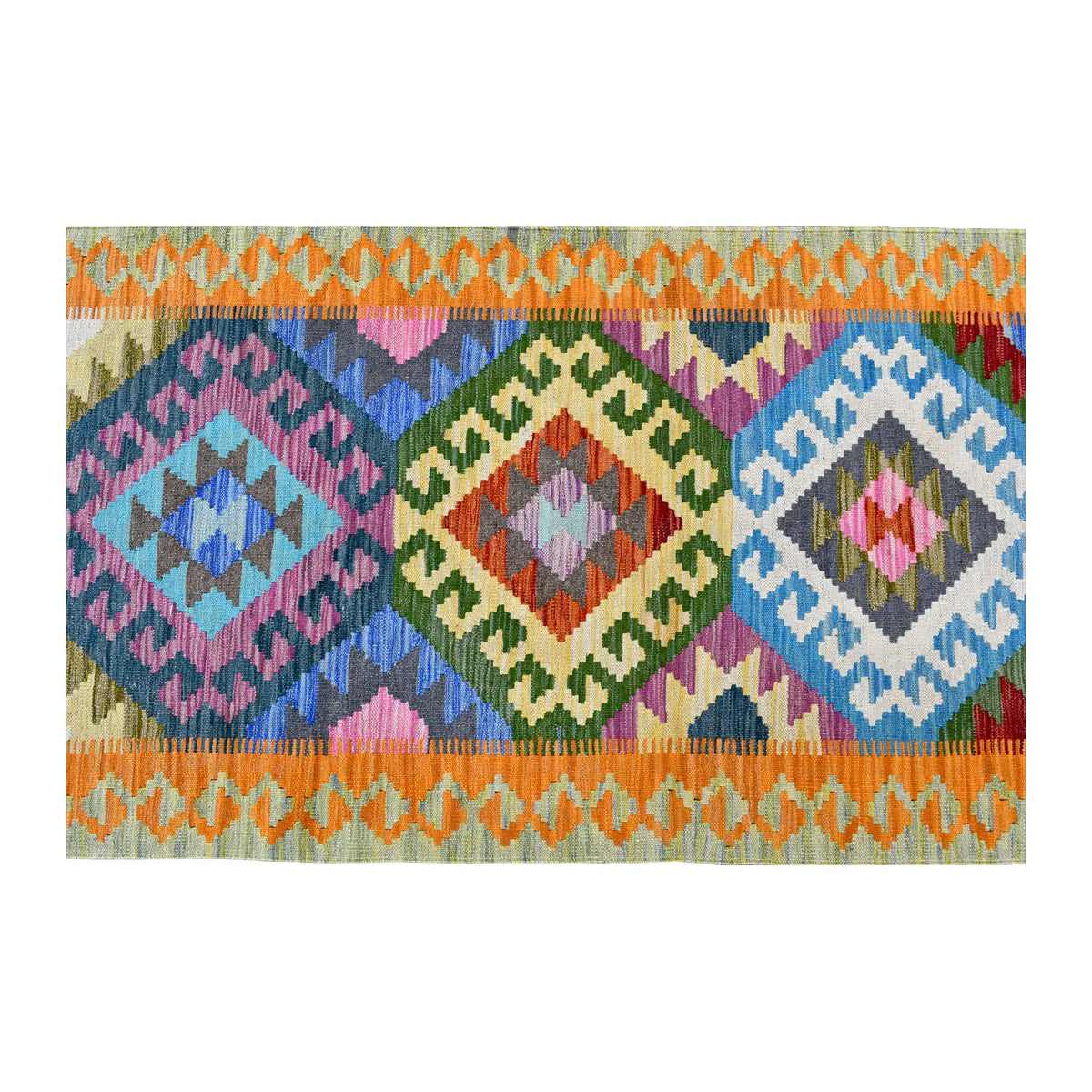 Overhead field detail of Afghan Chobi Kilim runner showing blue, green, yellow and pink medallions between orange linked borders