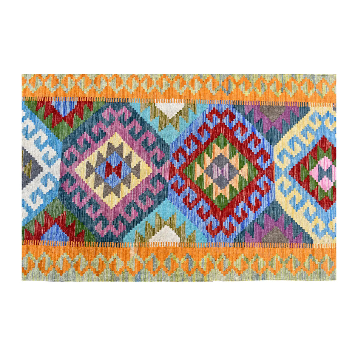 Overhead field detail of Afghan Chobi Kilim runner showing pink, coral and blue diamond medallions between orange linked borders